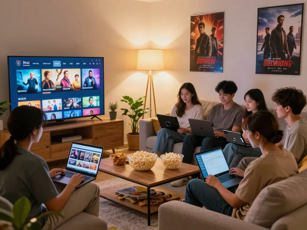 Friends enjoying a movie night with ZoeChip streaming on the TV in a cozy living room.