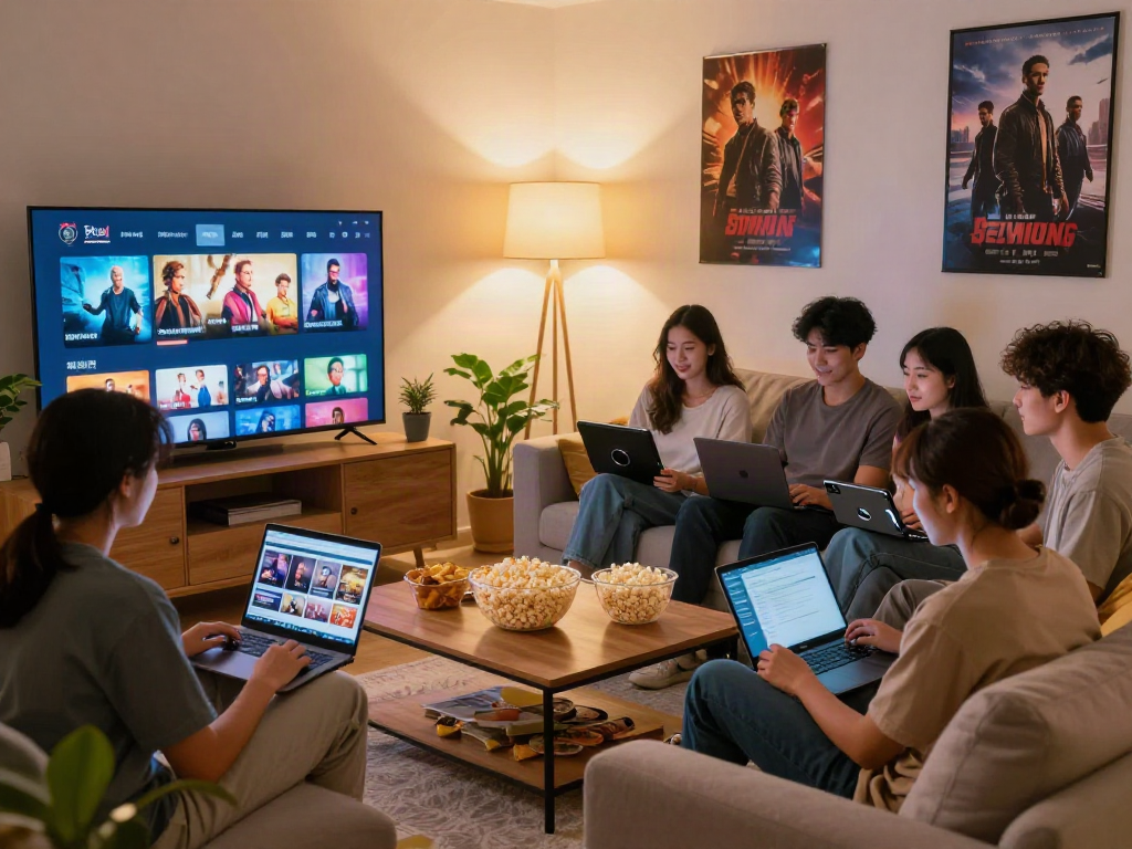 Friends enjoying a movie night with ZoeChip streaming on the TV in a cozy living room.