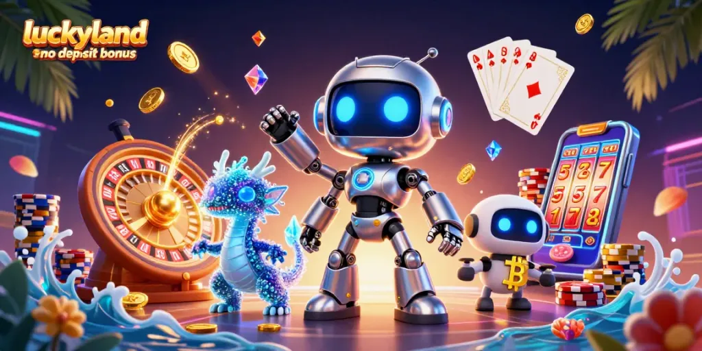 Win big with luckyland slots no deposit bonus in this vibrant 3D illustration of gaming fun.