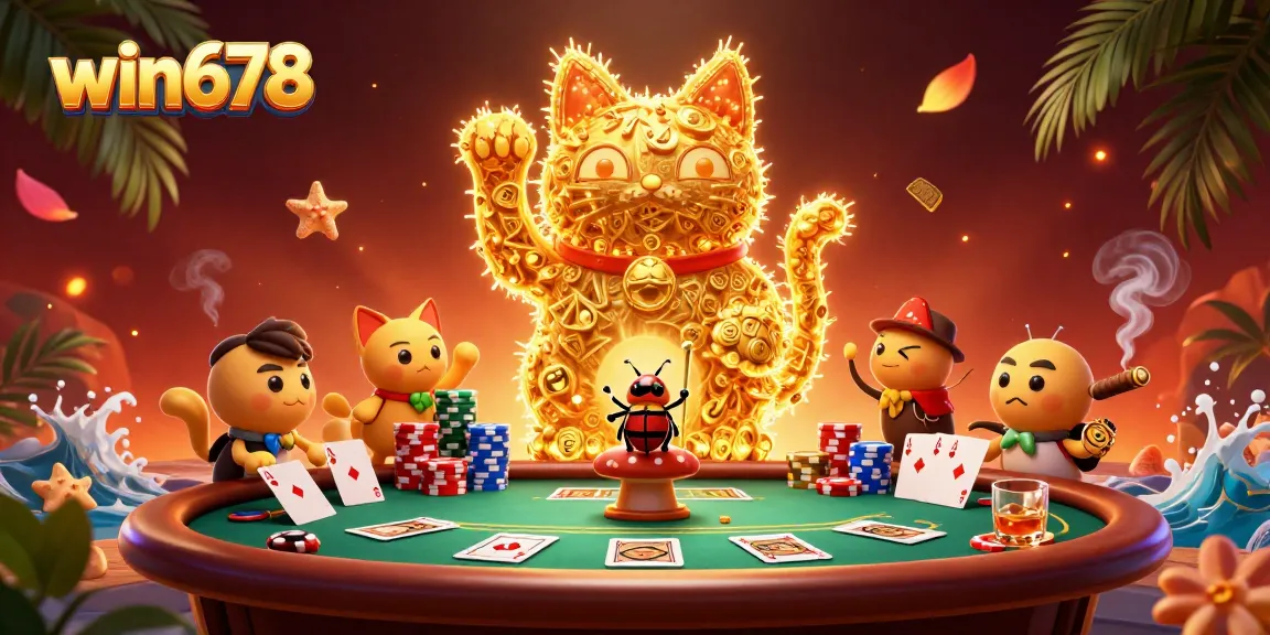 Experience the vibrant win678 casino world filled with golden fireflies and poker excitement.