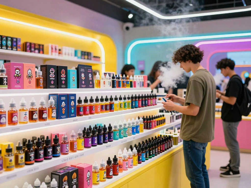 Clown vape juice selection showcased in a lively vape shop environment, inviting atmosphere.