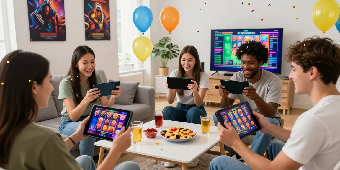 Group enjoying PG SOFT slot games at home, celebrating big wins.