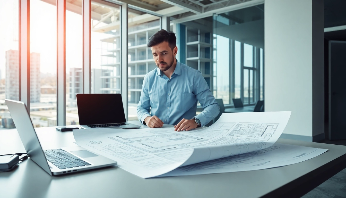 A New Jersey Construction Manager reviewing architectural plans in a modern office setting.