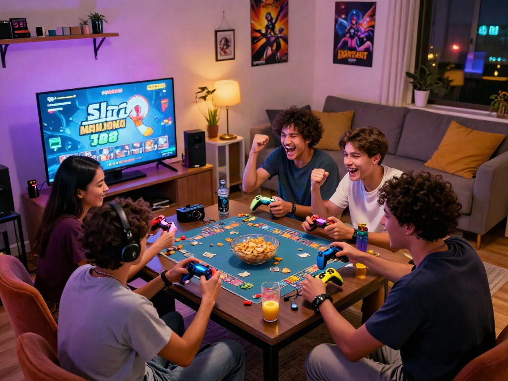 Friends enjoying Slot MAHJONGJP88 in a lively gaming session, surrounded by snacks and vibrant decor.