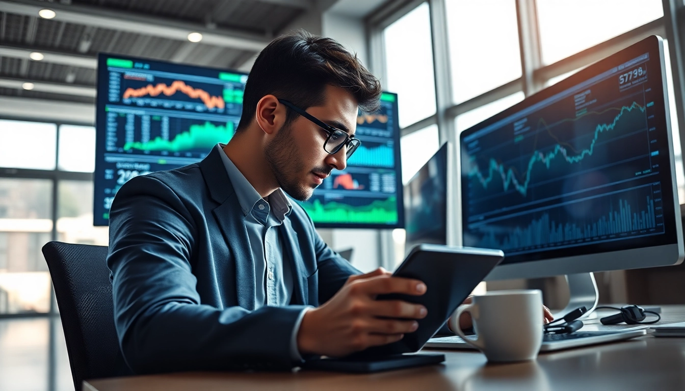 Engaging scene of AI Investing analysis with a focused analyst in a modern office setting.