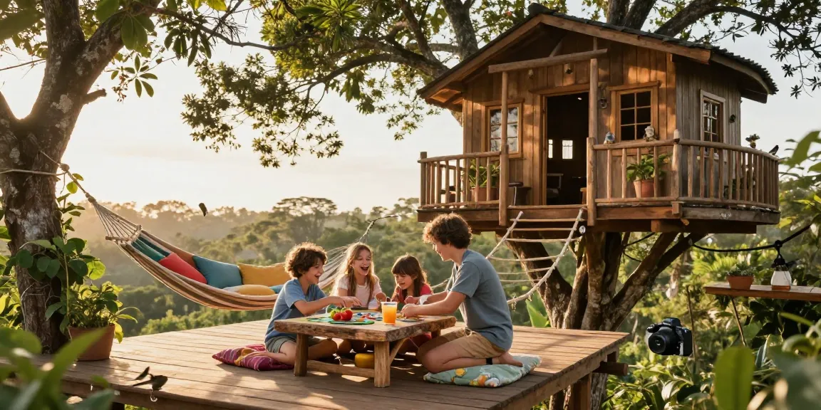 Family enjoying tree house life with games and a picnic in a serene treetop setting.