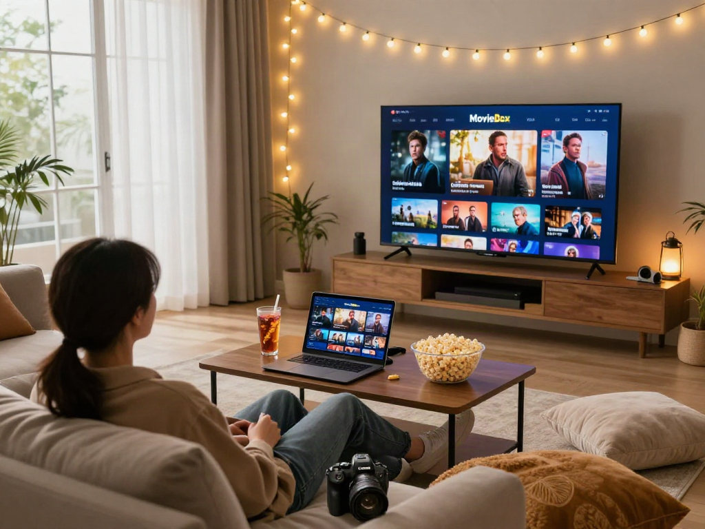 A cozy living room scene featuring the Moviebox app on screens, perfect for movie enthusiasts enjoying a cinematic experience.