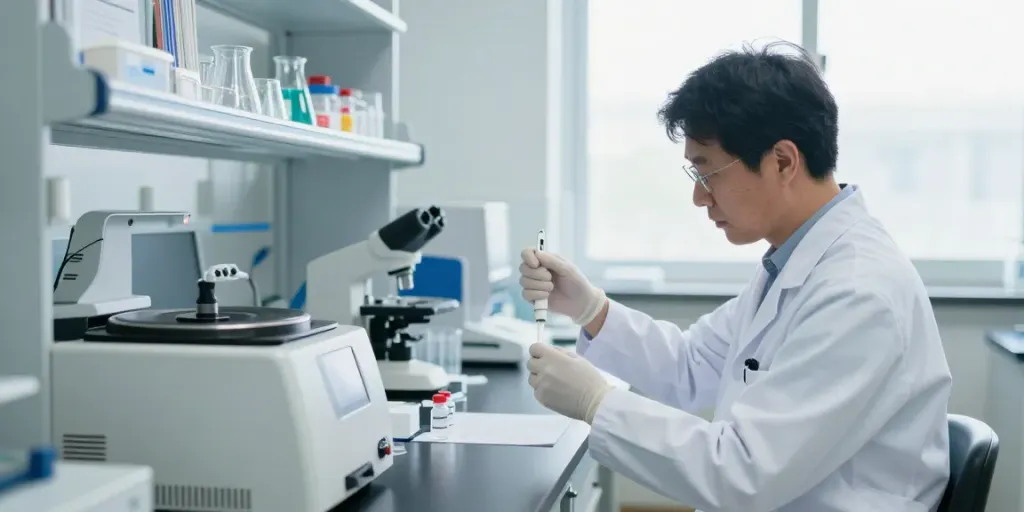 Researcher preparing Semax 10mg peptides in a bright lab setting, showcasing scientific equipment.