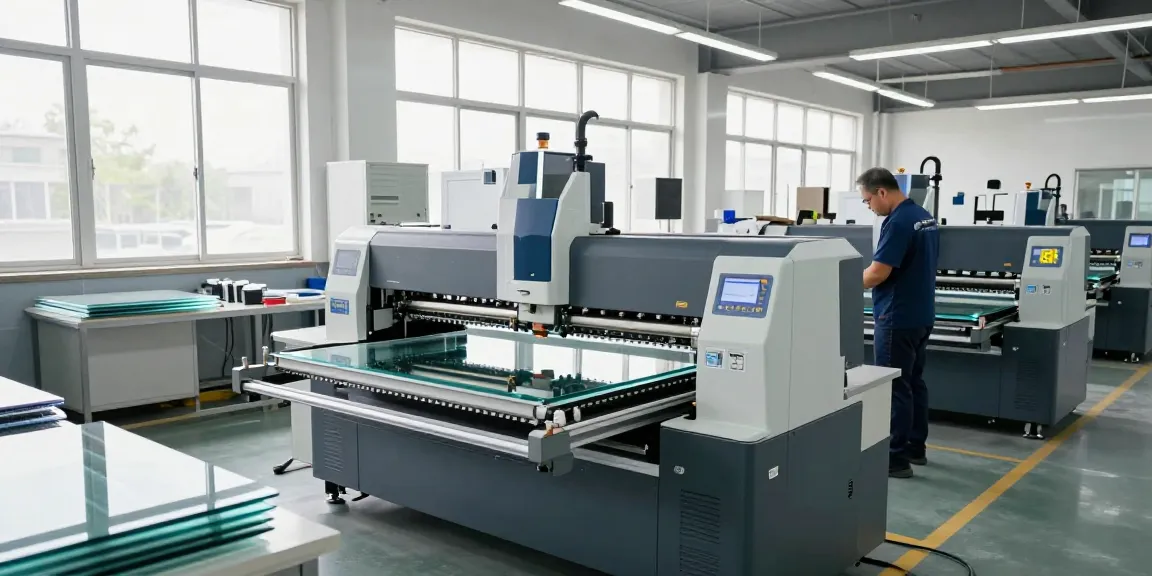 Eworld Machine glass cutting process in a modern workshop with natural lighting.