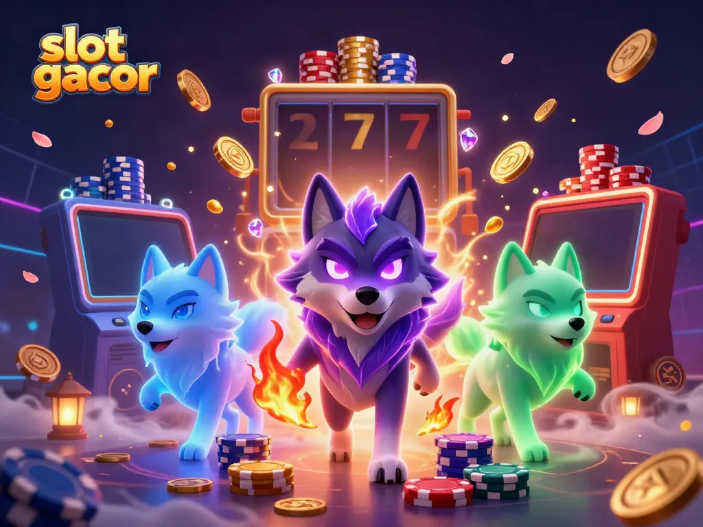 Experience the thrill of slot gacor with a dynamic visual showcasing vibrant characters, golden coins, and lucky sevens.