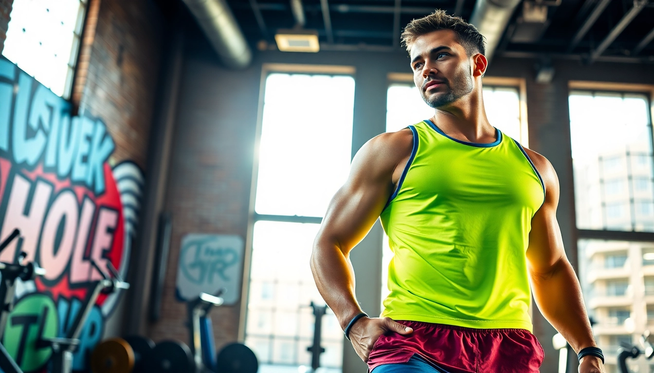 Dynamic athlete showcasing vibrant sportswear in an urban gym environment.