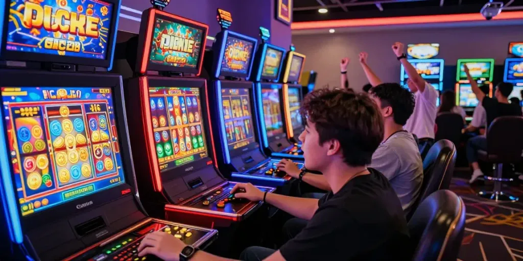 Excited players enjoying slot gacor games in a vibrant online casino atmosphere