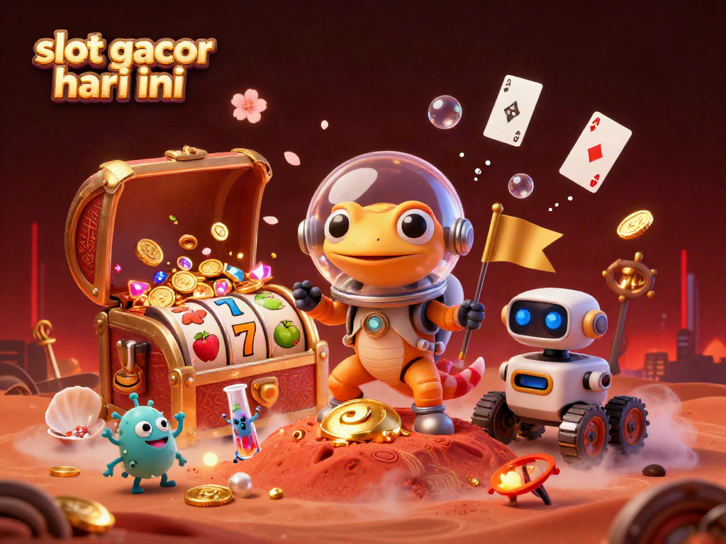 Engage with exciting slot gacor hari ini as a Martian gecko uncovers a golden casino in this 3D illustration.