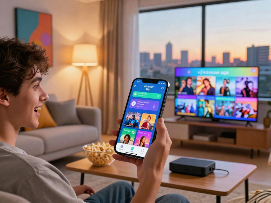 User exploring the pikashow apk on a smartphone in a cozy living room.