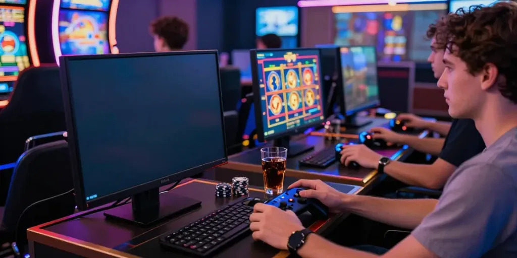 Engaged player using situs slot gacor interface on laptop in vibrant online casino.