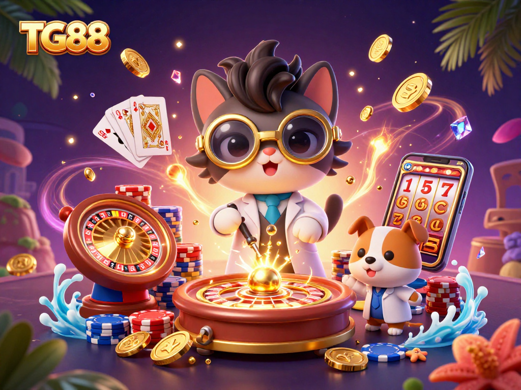 Enter the thrilling world of TG88 where the mad scientist cat and loyal dog create gold coins amidst dazzling casino elements.