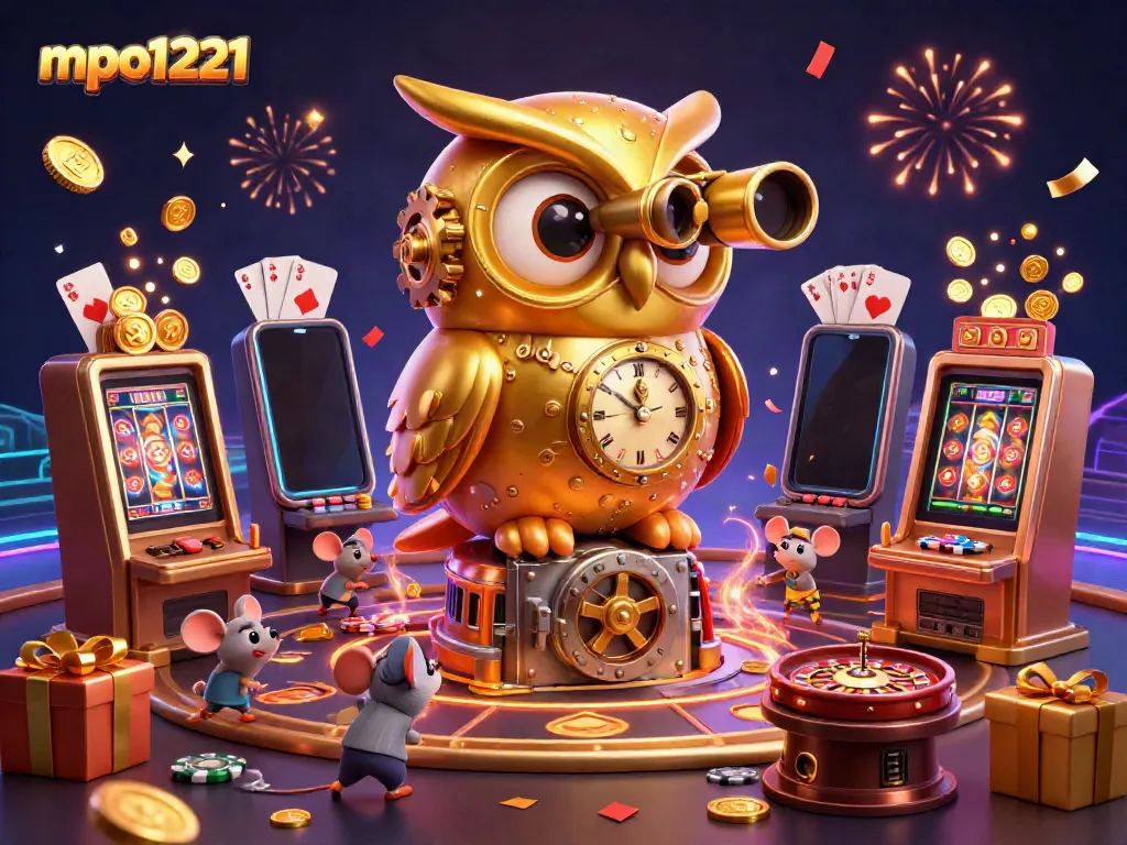 Engage with mpo1221 through an animated 3D illustration showcasing casino fun and gaming excitement.