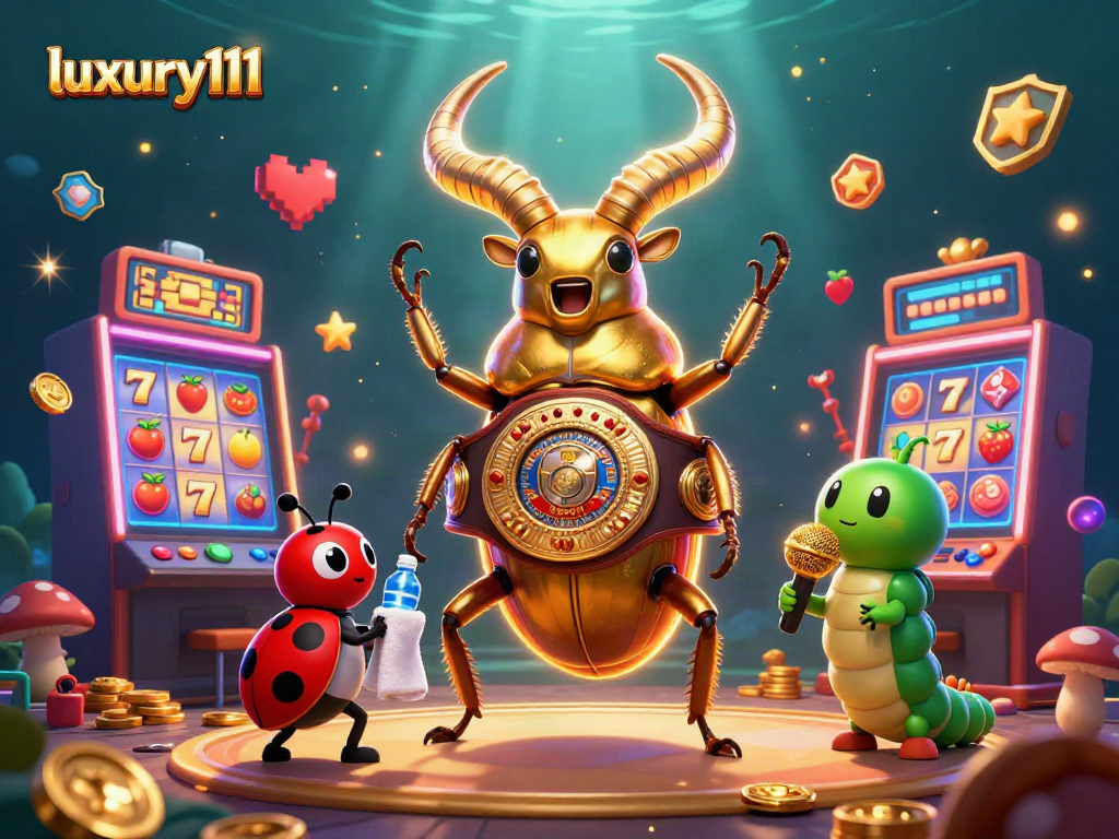 Experience luxury111 gaming with a vibrant scene featuring golden beetles and lively game elements.