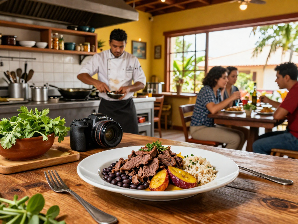 A vibrant kitchen scene with a chef presenting the best pabellon criollo near me, showcasing delicious ingredients and a warm atmosphere.