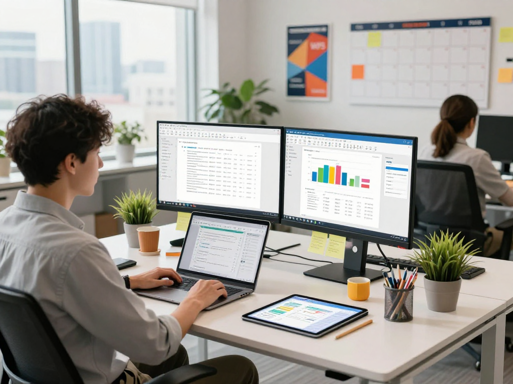 利用WPS Office文档的现代办公环境,年轻专业人士在电脑前协作。