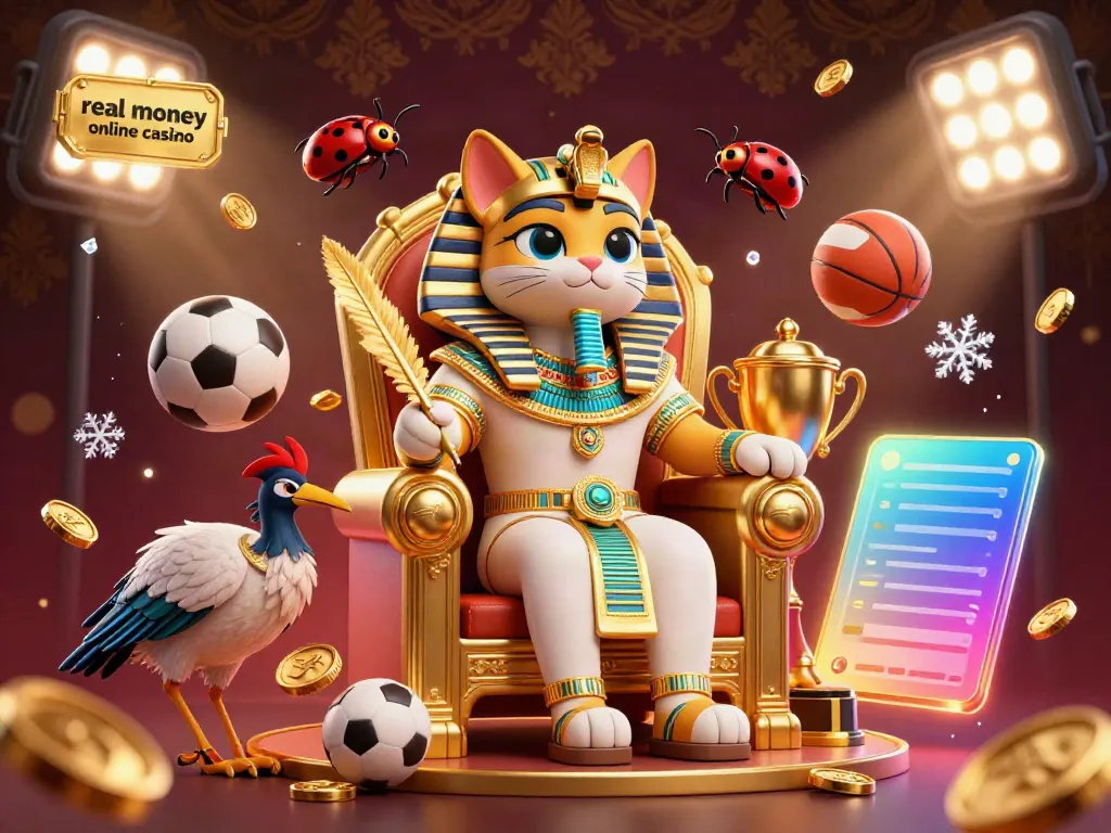 Join the excitement at real money online casino with a 3D pharaoh cat and vibrant sports elements in a luxurious scene.