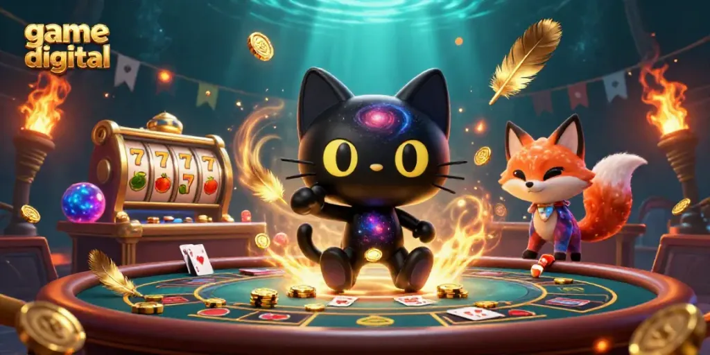 Experience the thrill of game digital action with an energized cosmic casino scene featuring the black hole cat and nebula fox.
