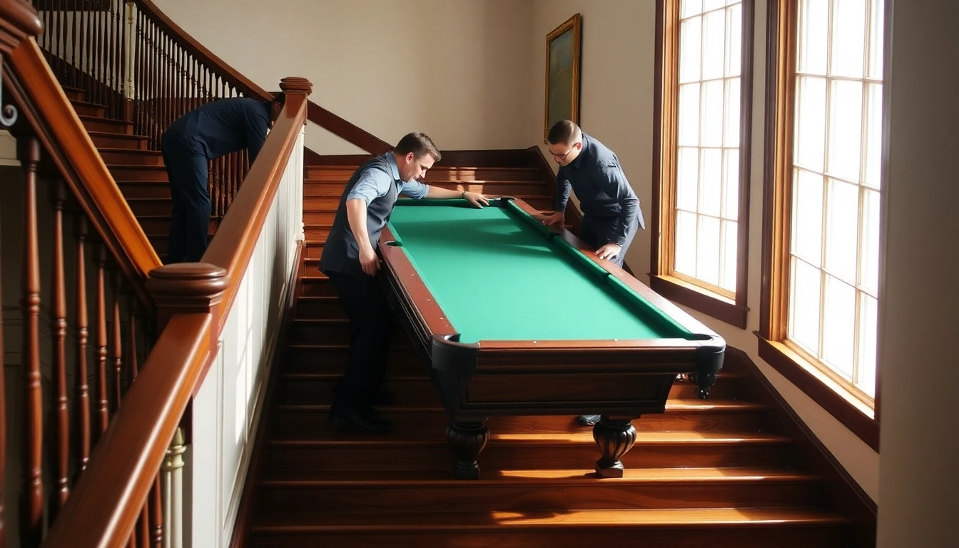 Pool table movers dallas professionally relocating a vintage slate table with care.