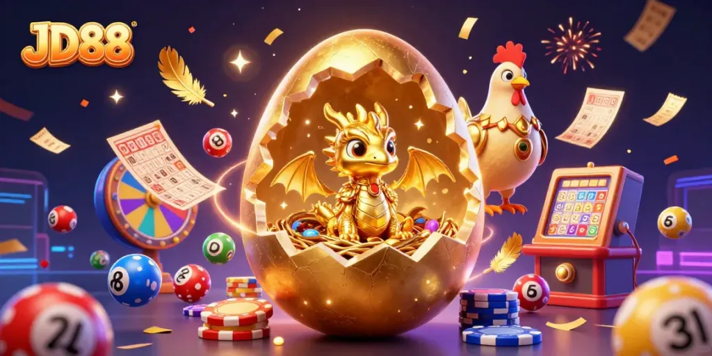 Experience the thrill of JD88 with a joyful baby dragon on poker chips amidst a gold-themed casino scene.