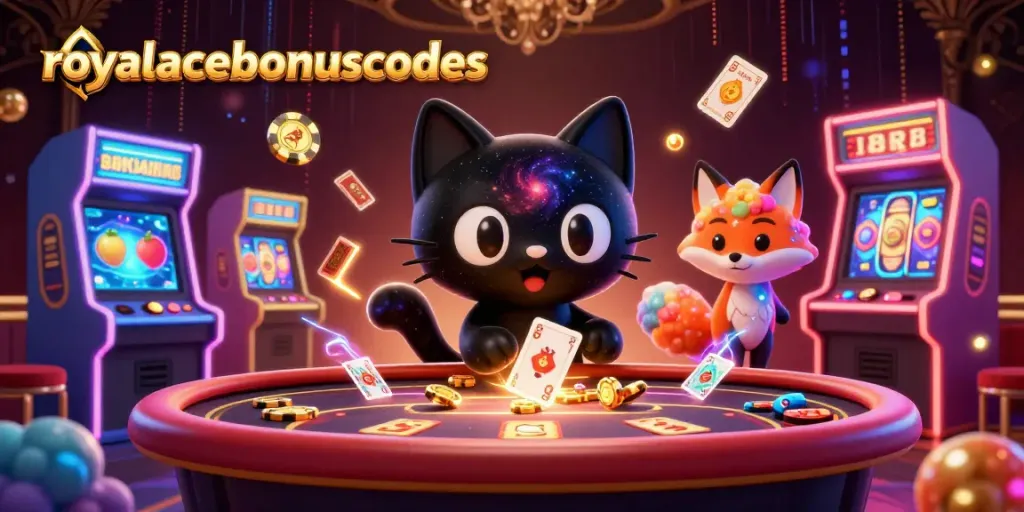 Engage with royalacebonuscodes at a vibrant cosmic casino table featuring playful characters.