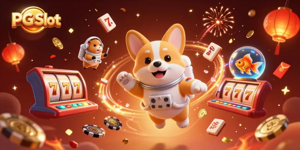 Experience thrilling PG Slot action with vibrant characters in a floating casino atmosphere.
