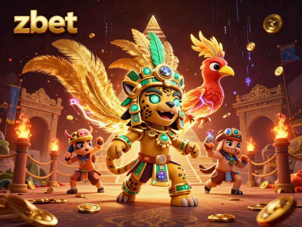 Zbet offers thrilling casino experiences with a vibrant 3D illustration of a Mayan priest and quetzal bird in an ancient setting.