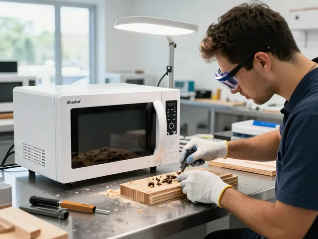 Shashel® microwave device effectively eliminating wood-boring insects during treatment in a professional workshop.